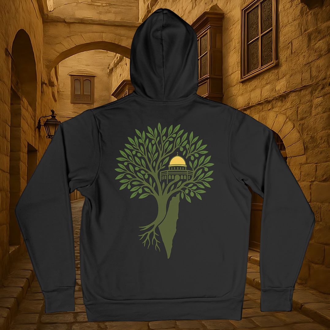 Black Hoodie with Olive Tree, Dome of the Rock & Map Roots