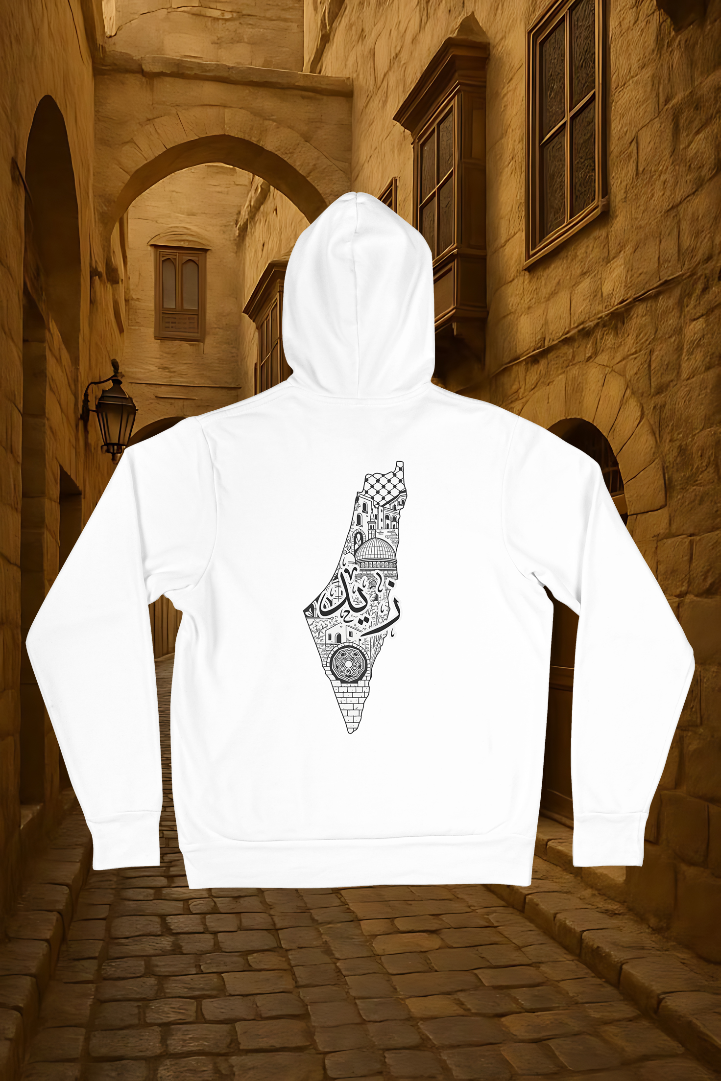 White Hoodie with Artistic Map of Palestine Featuring “Zaid