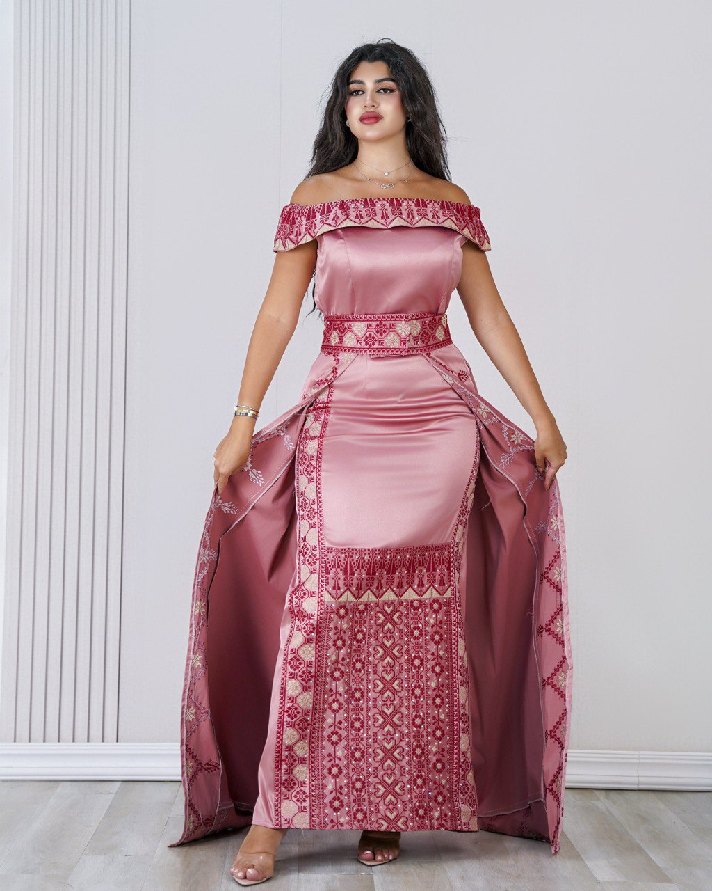 Embroidered Off-Shoulder Belted Dress