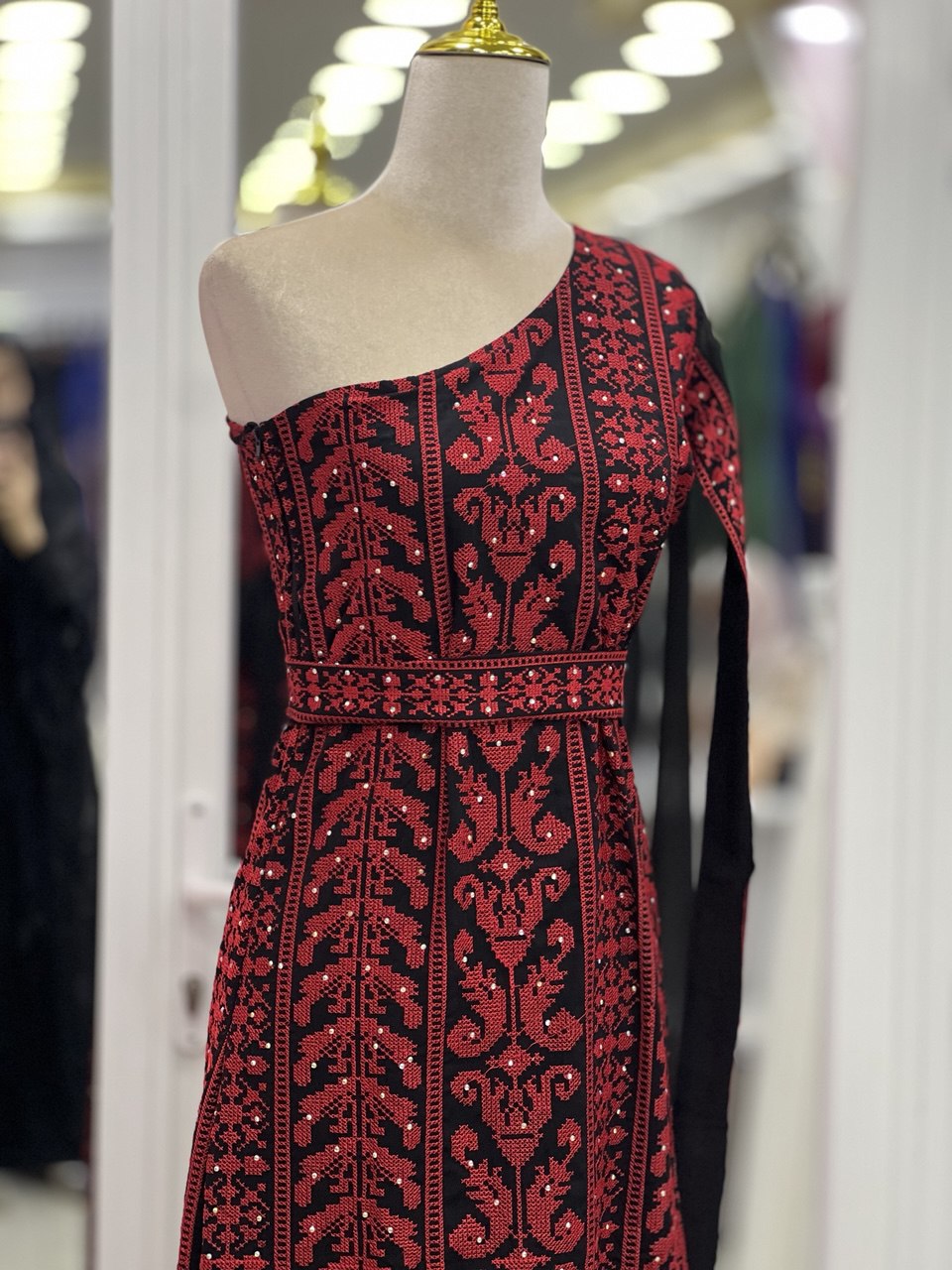 Red Embroidered One-Shoulder Dress