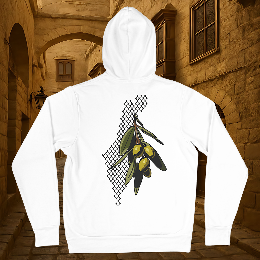 White Hoodie with Olive Branch over Keffiyeh Pattern & Map