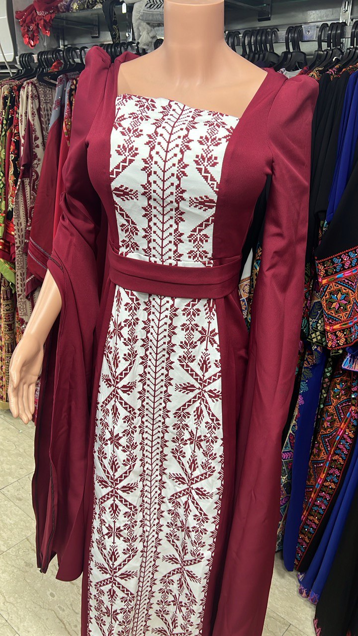 Elegant Maroon and White Traditional Palestinian Embroidered Dress