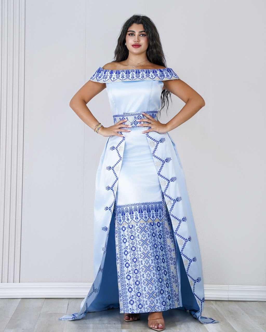 Embroidered Off-Shoulder Belted Dress