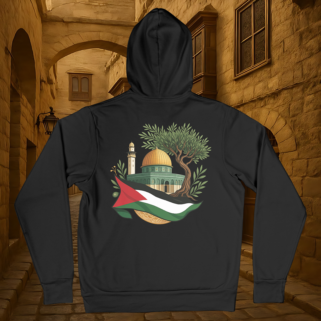 Black Hoodie with Palestinian Flag and Dome of the Rock