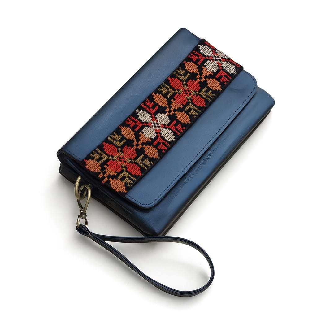 Small Blue Embroidered Leather Clutch