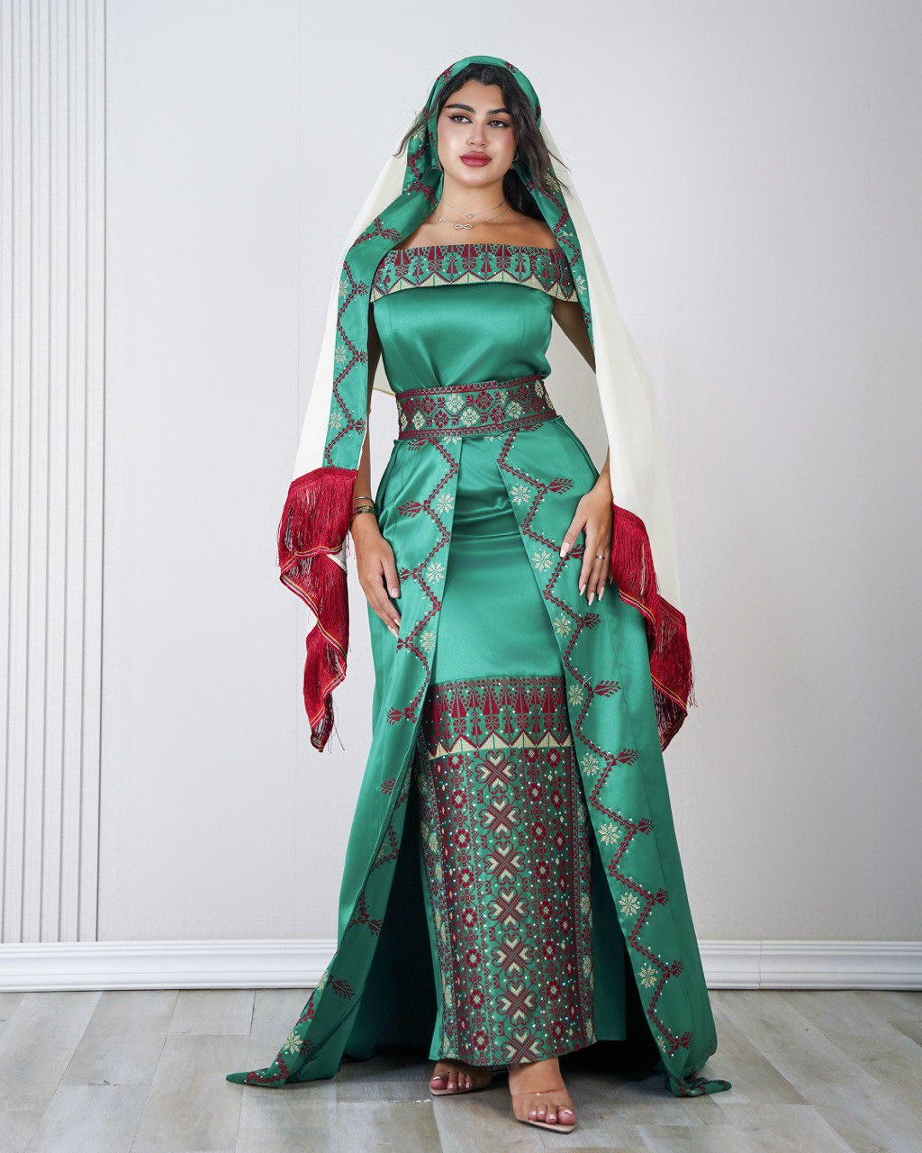 Embroidered Off-Shoulder Belted Dress
