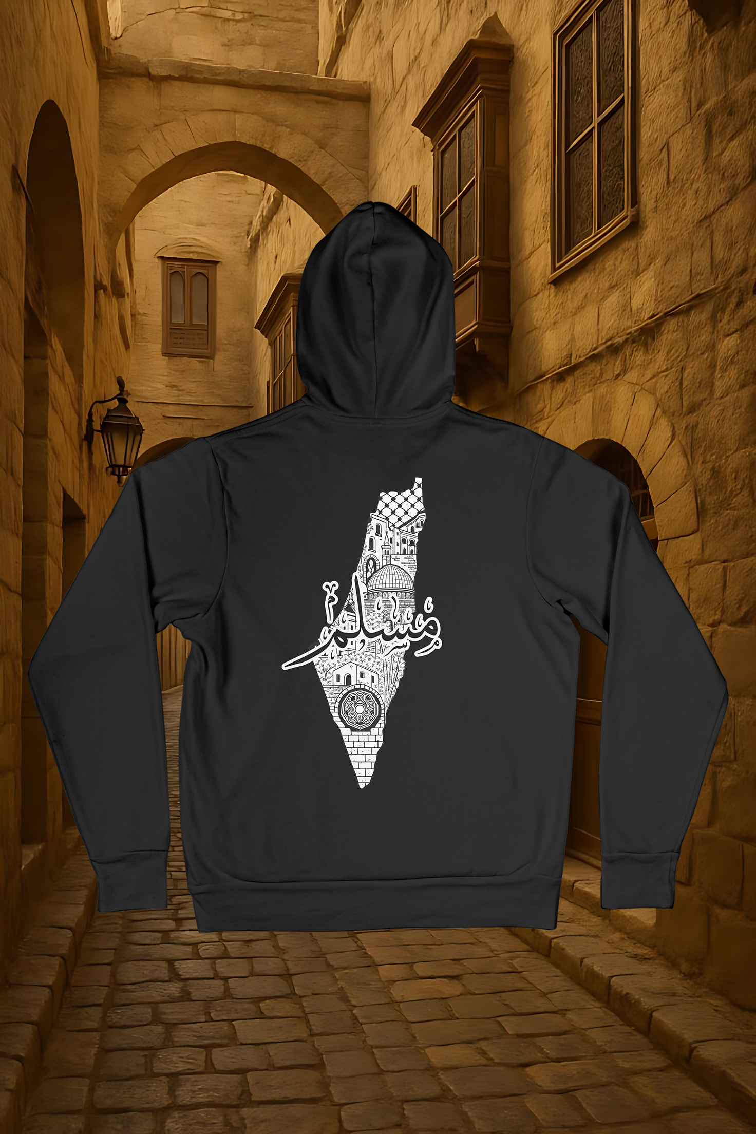 Black Hoodie with Artistic Map of Palestine Featuring “Muslim
