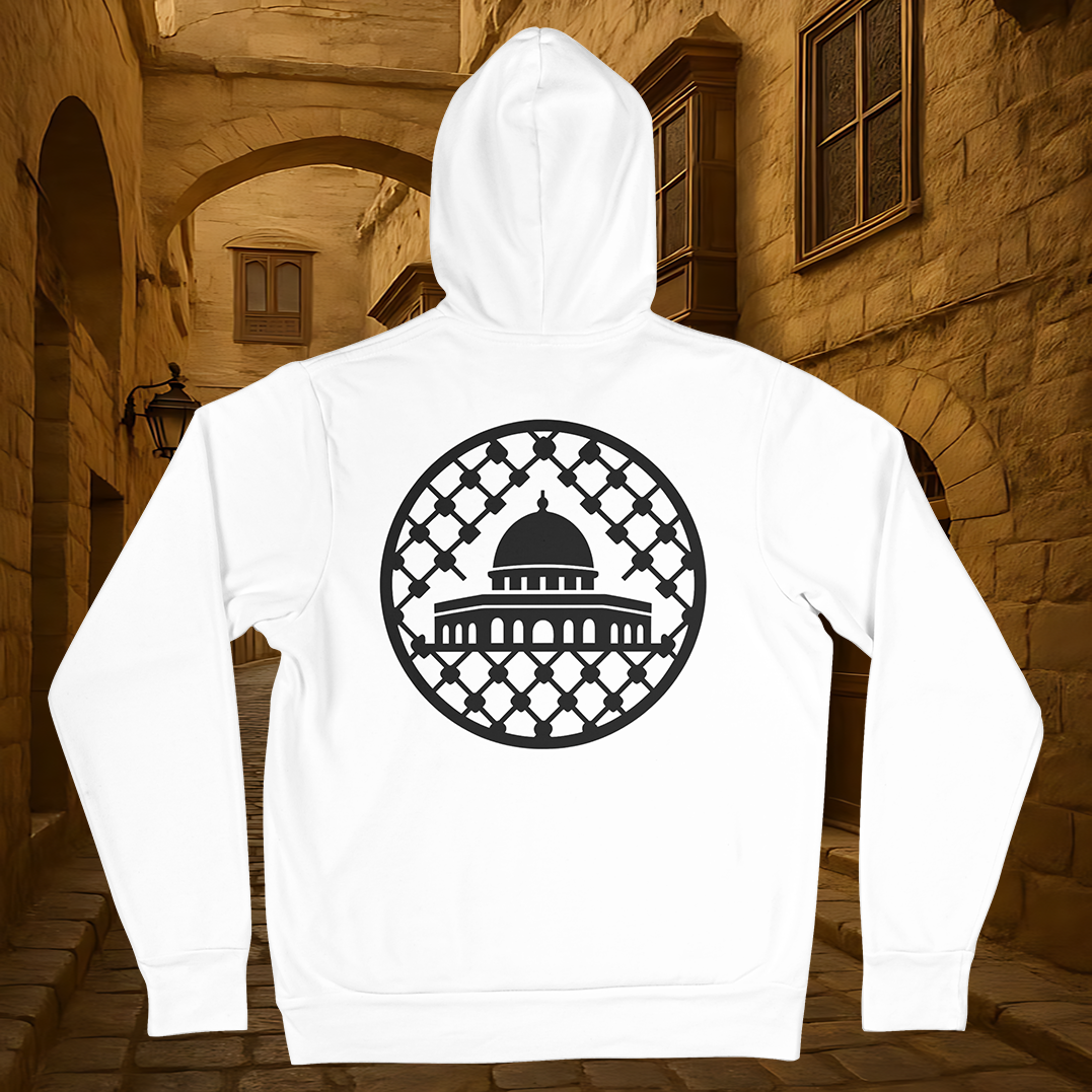 White Hoodie with Circular Emblem of Dome behind Lattice