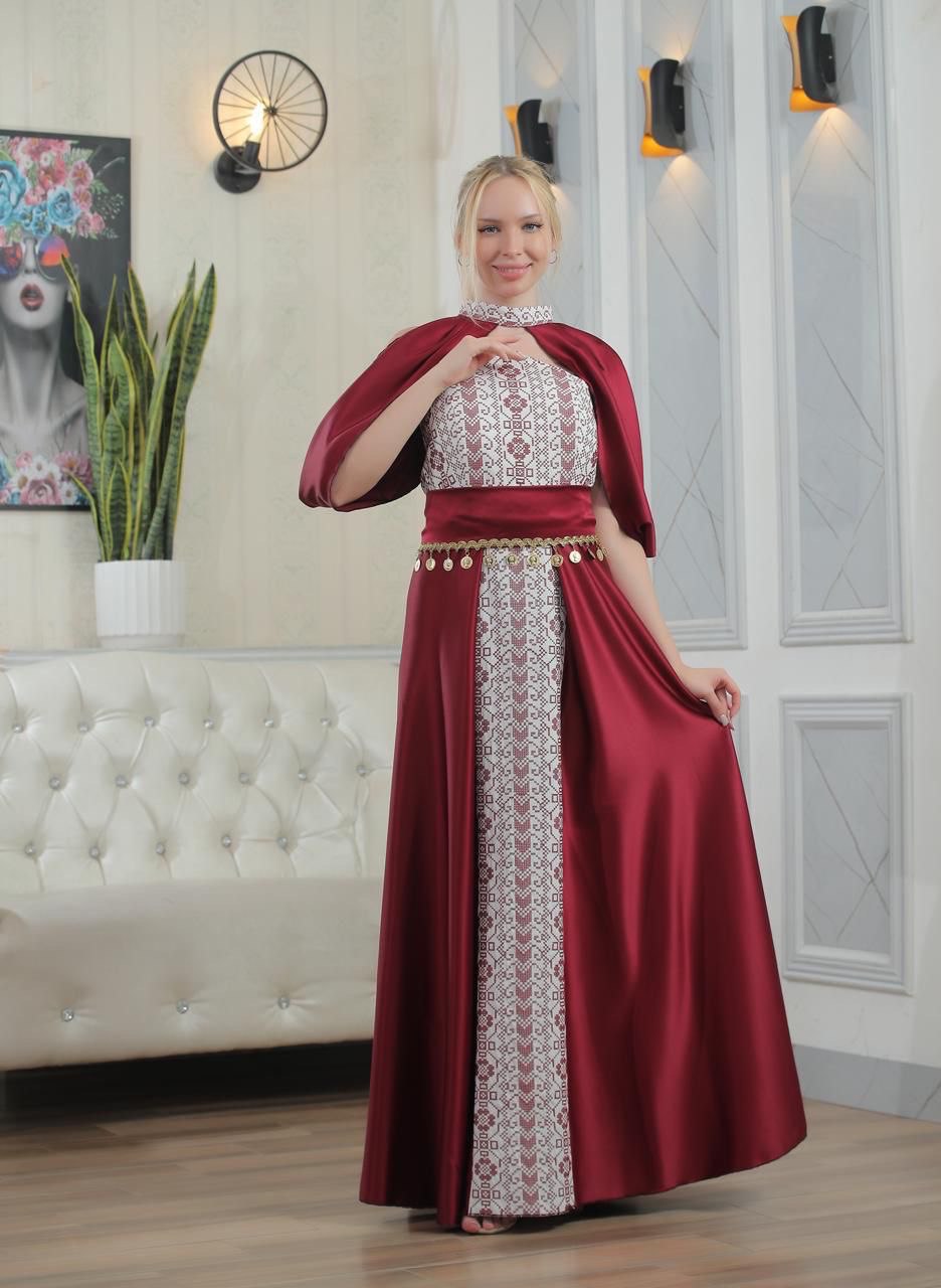 Strapless Embroidered Dress with Fabric Extension Covering Shoulder and Chest