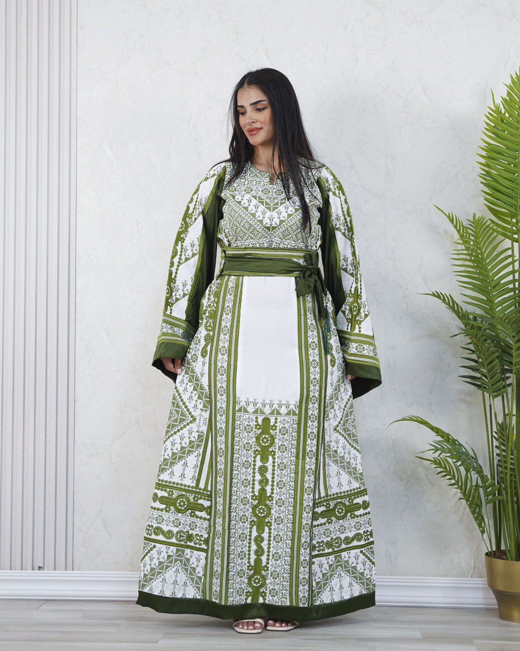 White Abaya Embroidered in Olive with Belt