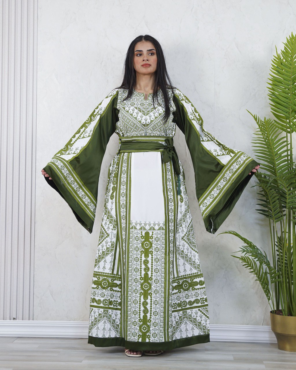 White Abaya Embroidered in Olive with Belt