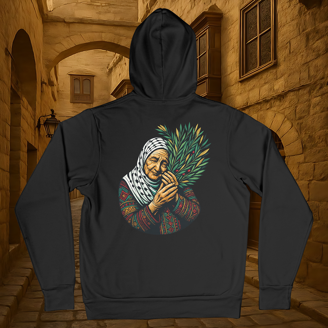 Black Hoodie with Palestinian Grandmother & Olive Branch
