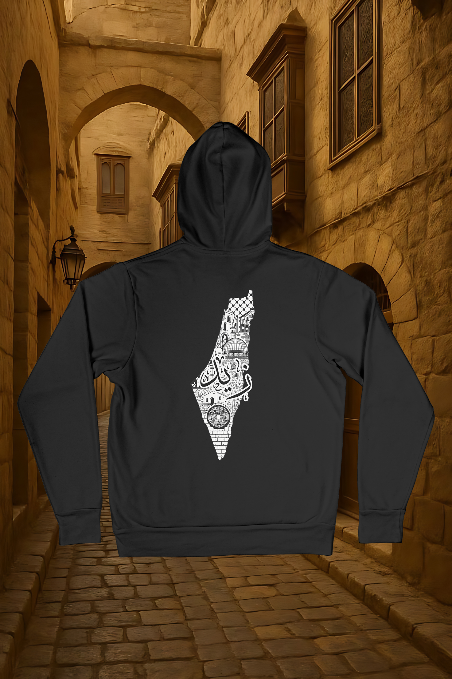 Black Hoodie with Artistic Map of Palestine Featuring “Zaid