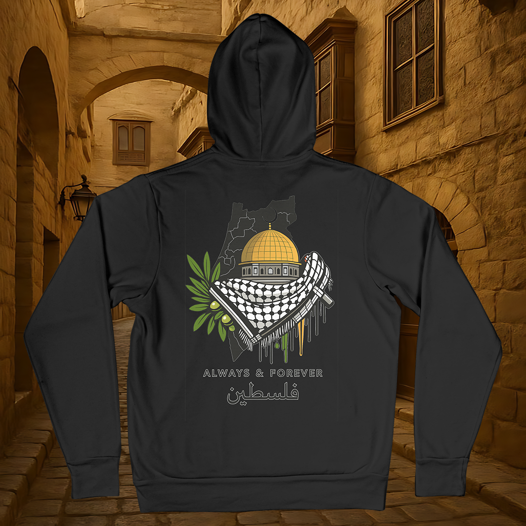 Black Hoodie with Dome of the Rock, Keffiyeh & Olive Branch