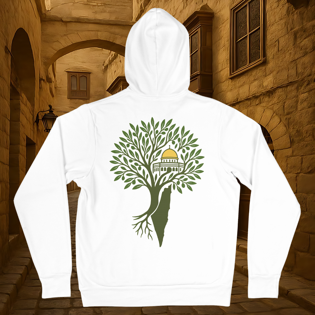White Hoodie with Olive Tree, Dome of the Rock & Map of Palestine