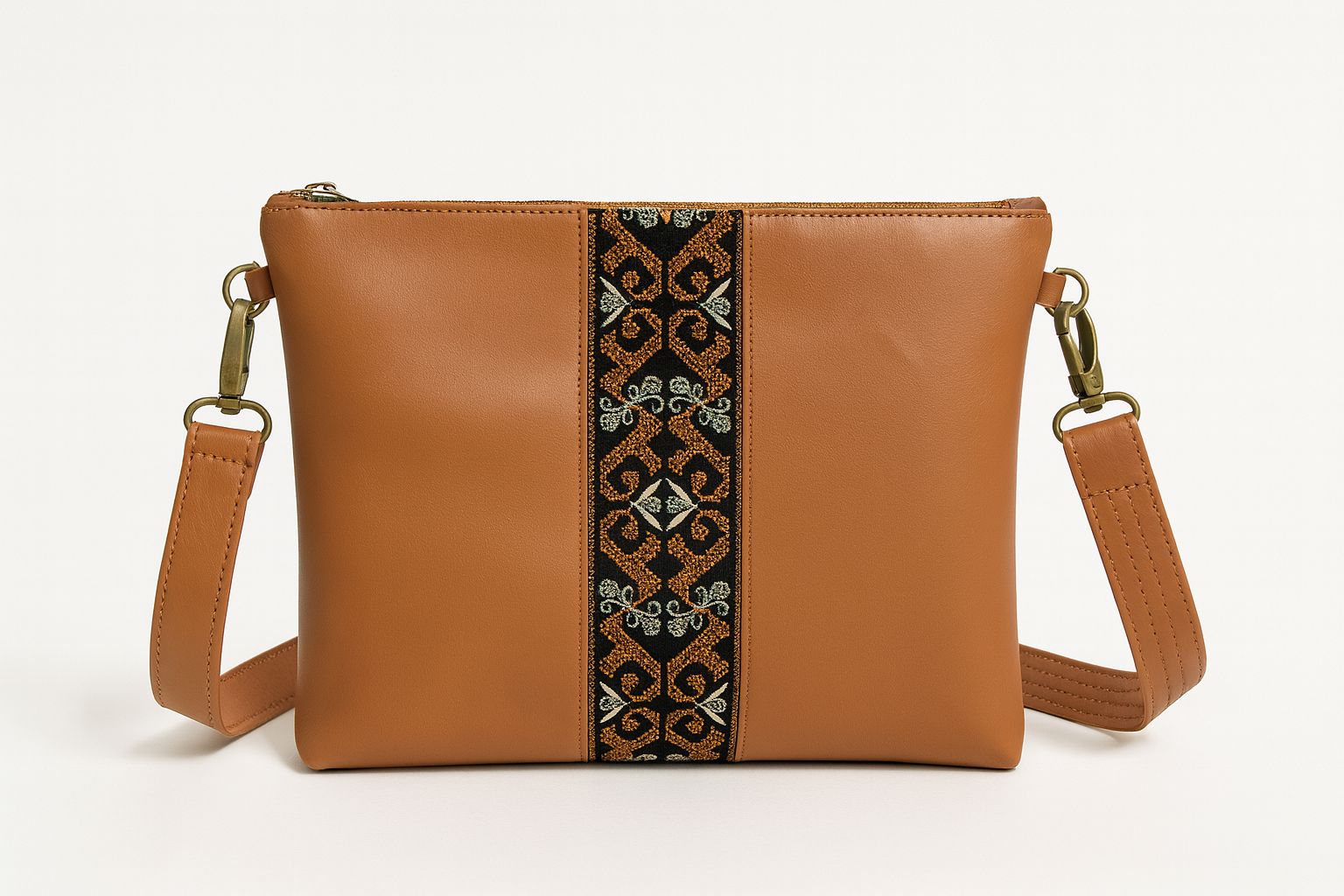 Camel Embroidered Leather Crossbody Bag
