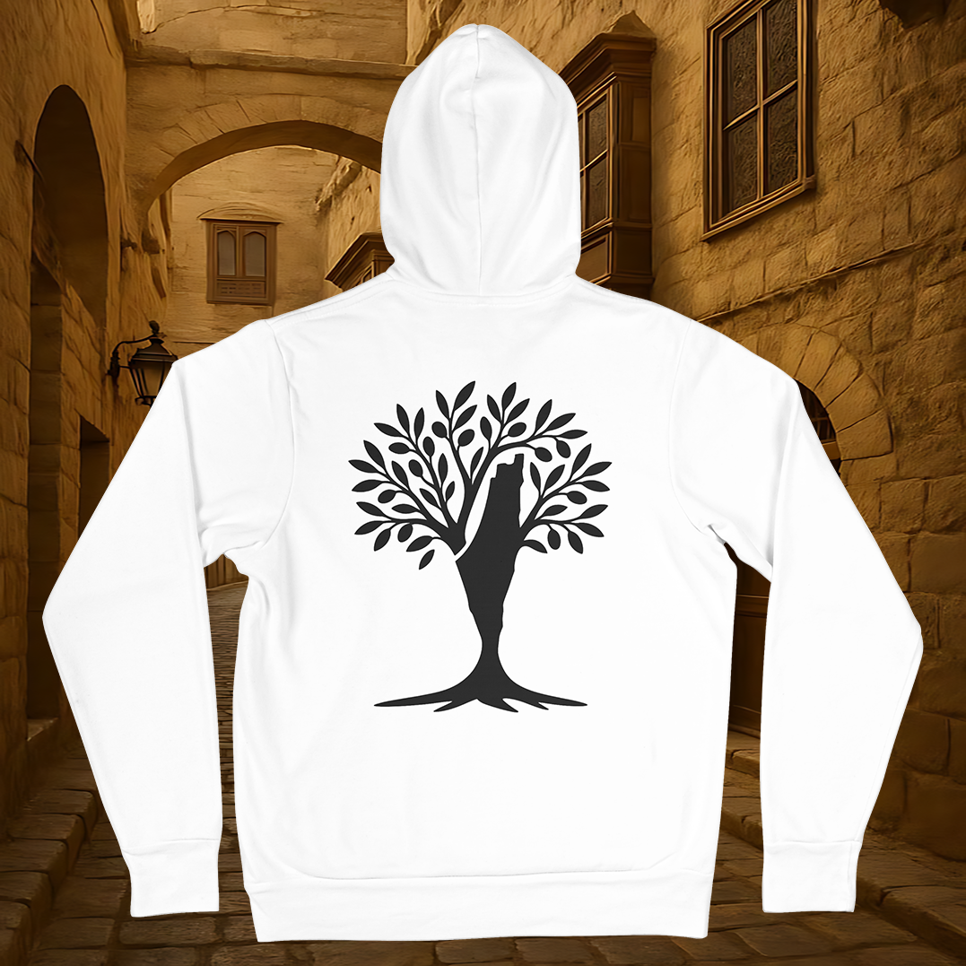White Hoodie with Olive Tree and Palestine Map Trunk