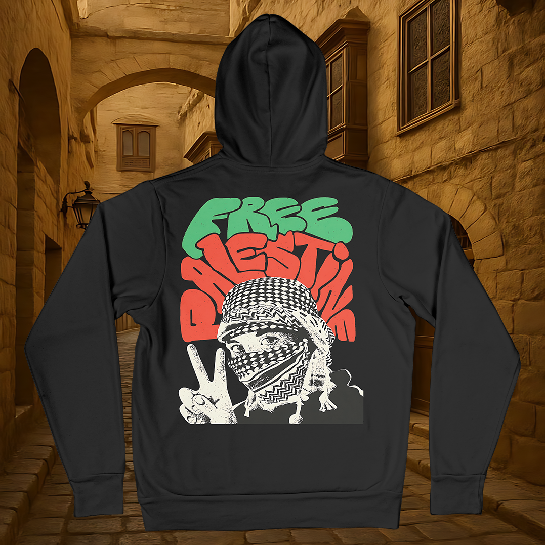 Black Hoodie with FREE PALESTINE, Keffiyeh & Peace Sign