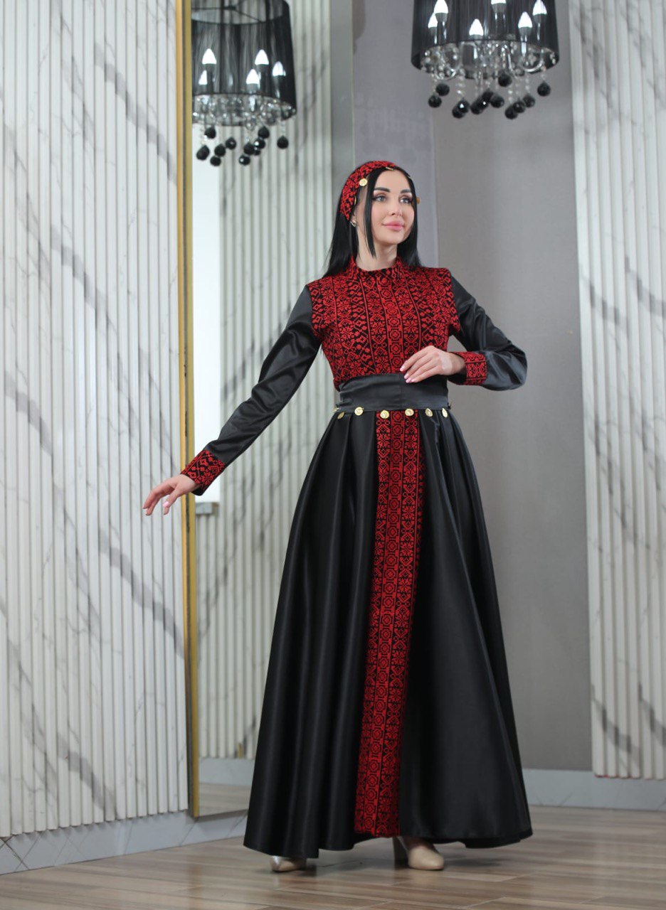 Elegant Black and Red Traditional Palestinian Embroidered Dress